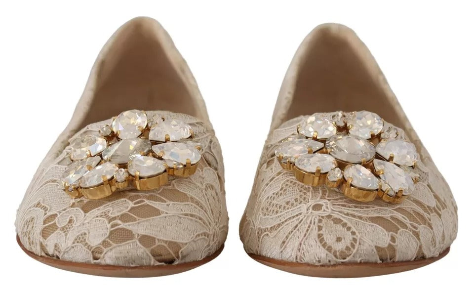 Dolce & Gabbana Beige Lace Crystal Ballet Flats Loafers Shoes EU34 / US3.5