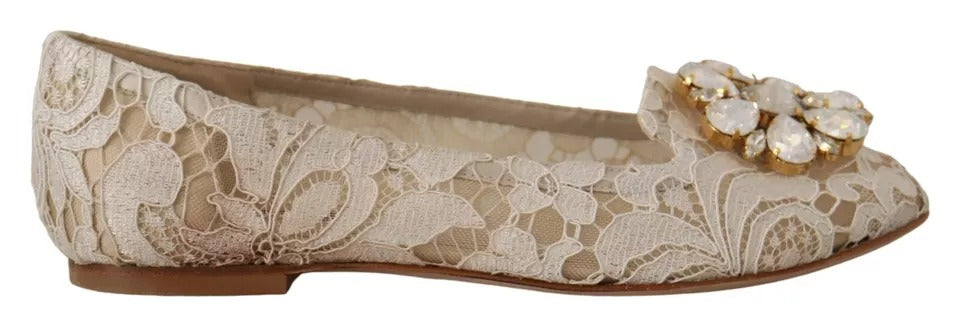 Dolce & Gabbana Beige Lace Crystal Ballet Flats Loafers Shoes EU34 / US3.5