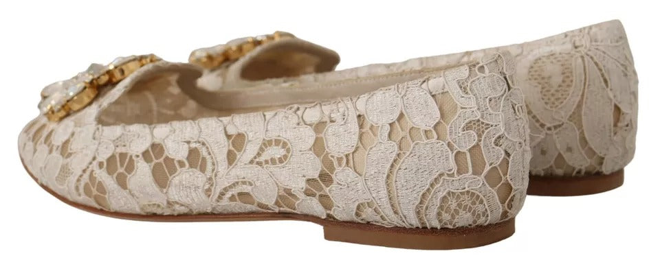 Dolce & Gabbana Beige Lace Crystal Ballet Flats Loafers Shoes EU34 / US3.5