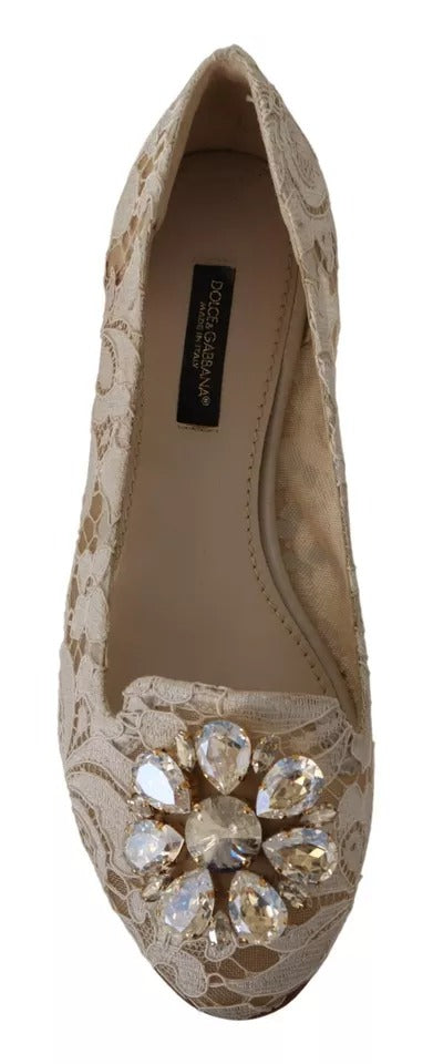 Dolce & Gabbana Beige Lace Crystal Ballet Flats Loafers Shoes EU34 / US3.5