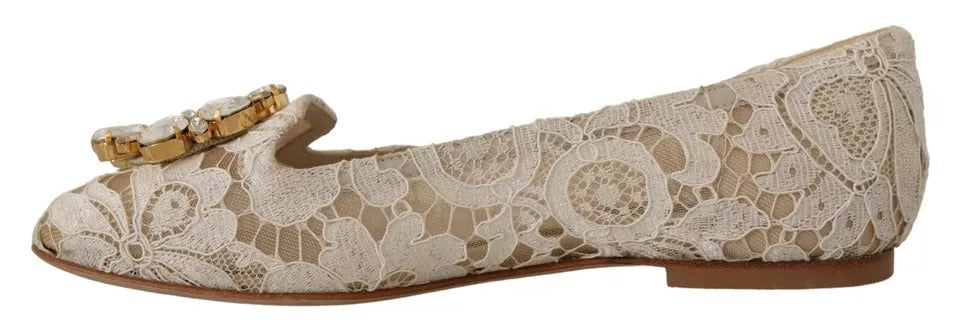 Dolce & Gabbana Beige Lace Crystal Ballet Flats Loafers Shoes EU34 / US3.5