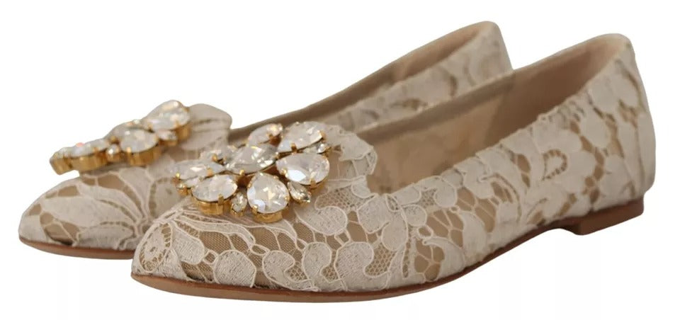 Dolce & Gabbana Beige Lace Crystal Ballet Flats Loafers Shoes EU34 / US3.5