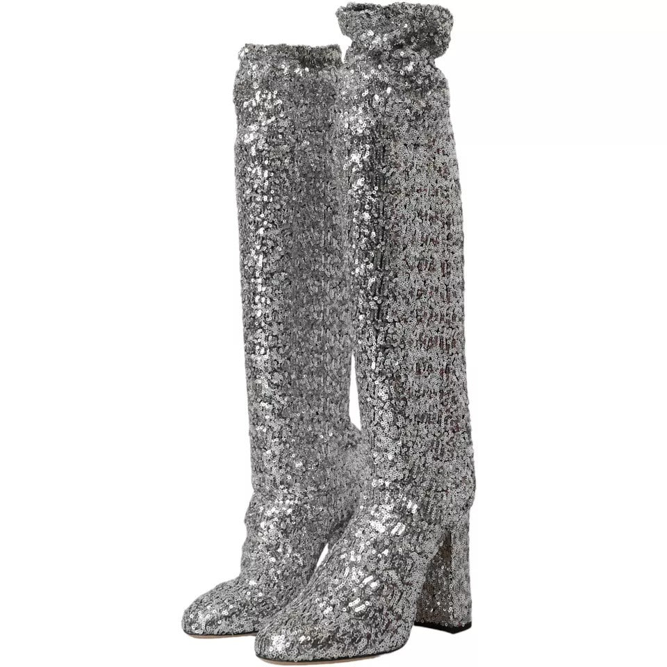 Dolce & Gabbana Silver Sequined High Boots Stretch Shoes EU39 / US8.5