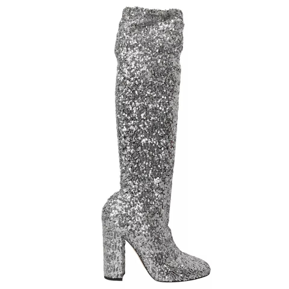 Dolce & Gabbana Silver Sequined High Boots Stretch Shoes EU39 / US8.5