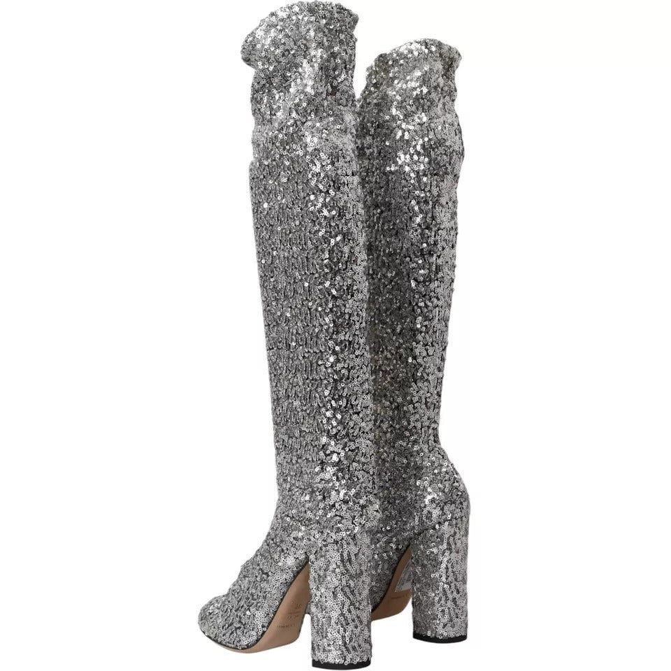 Dolce & Gabbana Silver Sequined High Boots Stretch Shoes EU39 / US8.5