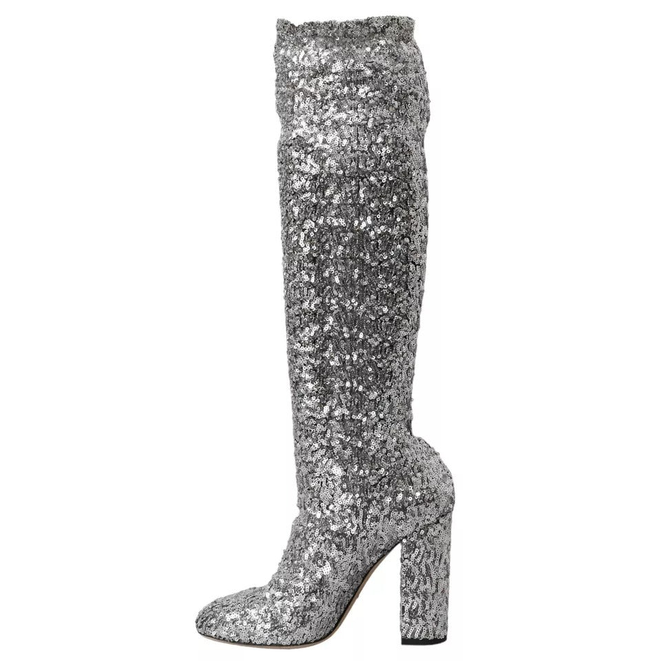 Dolce & Gabbana Silver Sequined High Boots Stretch Shoes EU39 / US8.5