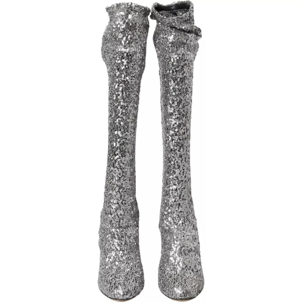 Dolce & Gabbana Silver Sequined High Boots Stretch Shoes EU39 / US8.5