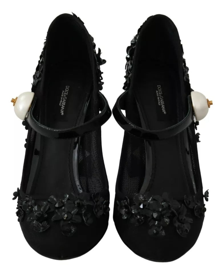 Dolce & Gabbana Black Floral Embellish Heels Mary Janes Pumps Shoes EU39 / US8.5