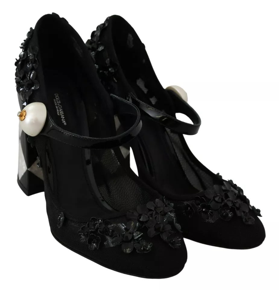 Dolce & Gabbana Black Floral Embellish Heels Mary Janes Pumps Shoes EU39 / US8.5