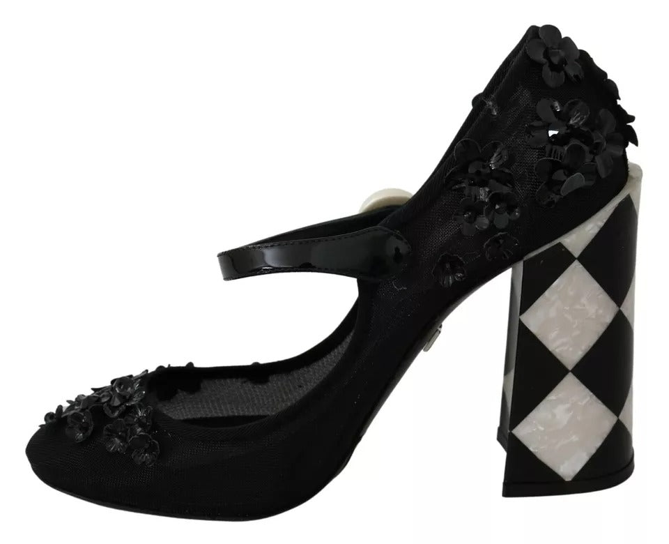 Dolce & Gabbana Black Floral Embellish Heels Mary Janes Pumps Shoes EU39 / US8.5