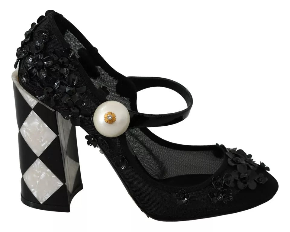 Dolce & Gabbana Black Floral Embellish Heels Mary Janes Pumps Shoes EU39 / US8.5