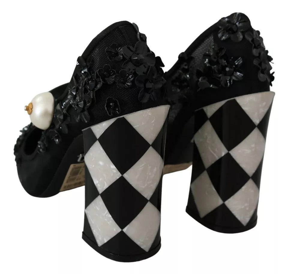 Dolce & Gabbana Black Floral Embellish Heels Mary Janes Pumps Shoes EU39 / US8.5