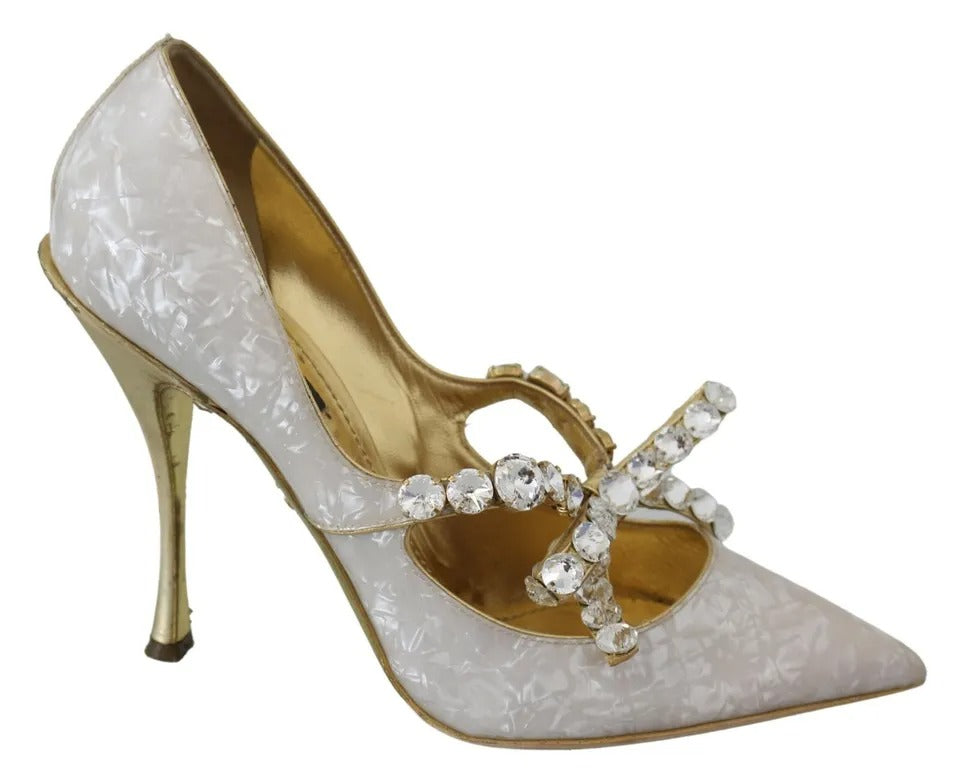 Dolce & Gabbana White Crystal Bow Pearl Mary Jane Pumps Shoes EU39 / US8.5