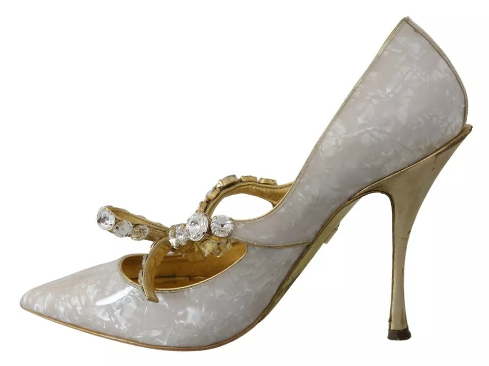 Dolce & Gabbana White Crystal Bow Pearl Mary Jane Pumps Shoes EU39 / US8.5