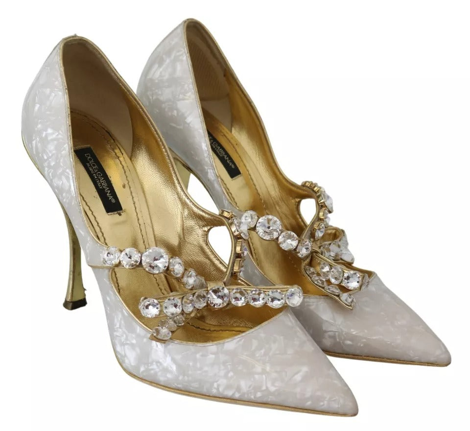 Dolce & Gabbana White Crystal Bow Pearl Mary Jane Pumps Shoes EU39 / US8.5