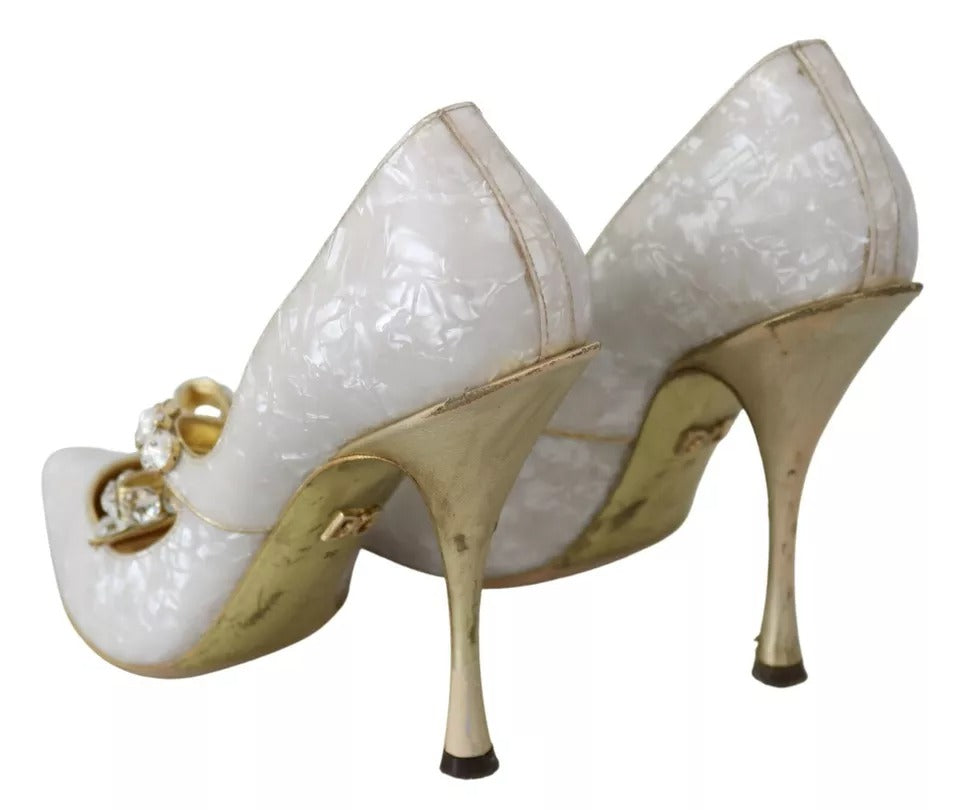 Dolce & Gabbana White Crystal Bow Pearl Mary Jane Pumps Shoes EU39 / US8.5