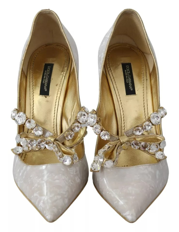 Dolce & Gabbana White Crystal Bow Pearl Mary Jane Pumps Shoes EU39 / US8.5