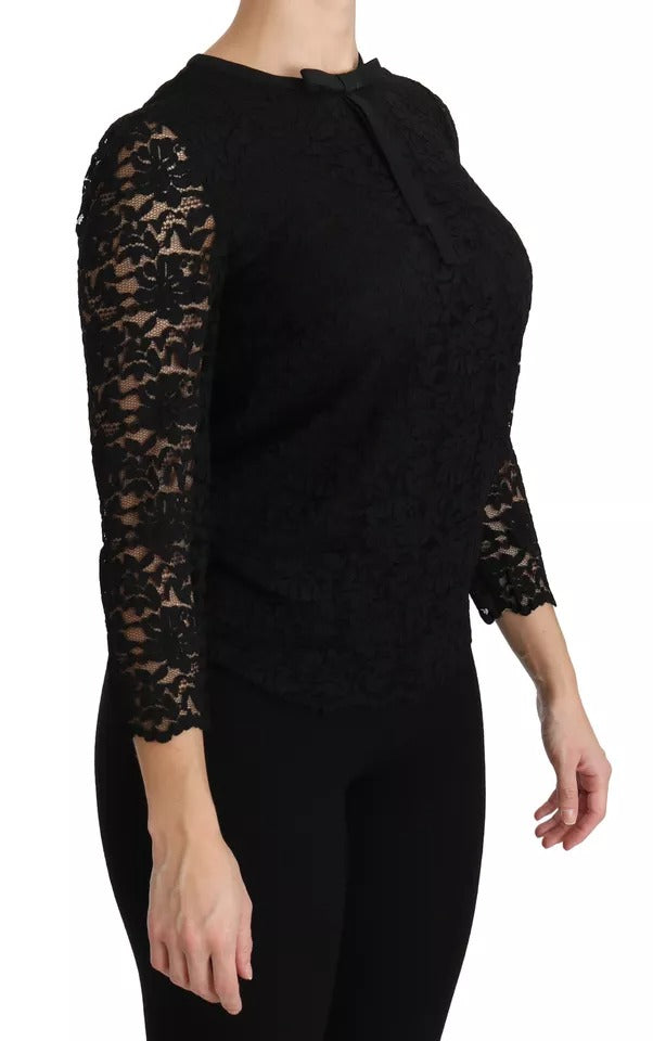 Dolce & Gabbana Black Lace Long Sleeve Blouse Nylon Top IT38 / XS