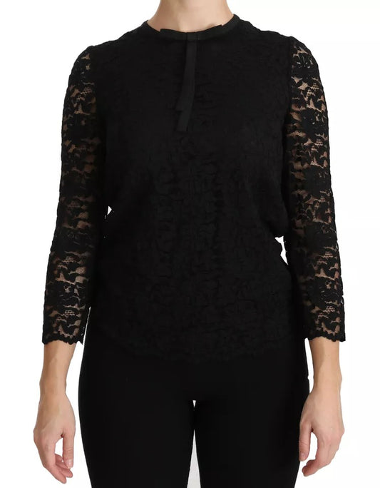 Dolce & Gabbana Black Lace Long Sleeve Blouse Nylon Top IT38 / XS