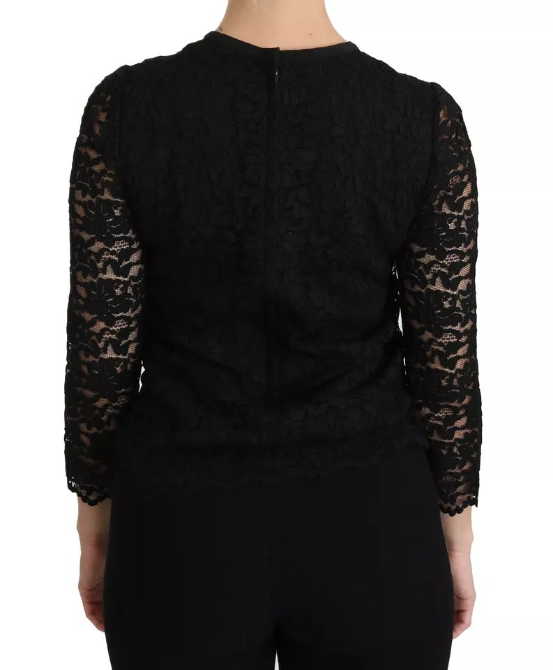 Dolce & Gabbana Black Lace Long Sleeve Blouse Nylon Top IT38 / XS