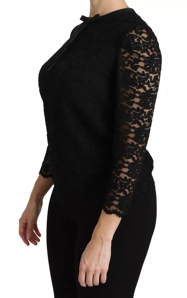 Dolce & Gabbana Black Lace Long Sleeve Blouse Nylon Top IT38 / XS