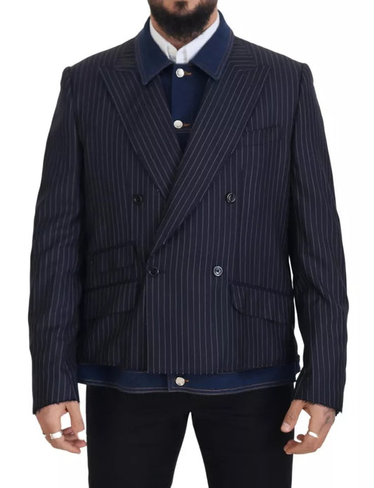 Dolce & Gabbana Blue Striped Double Breasted Denim Blazer IT56 / XL