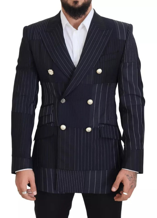 Dolce & Gabbana Blue Wool Patchwork Double Breasted Blazer IT50 / L