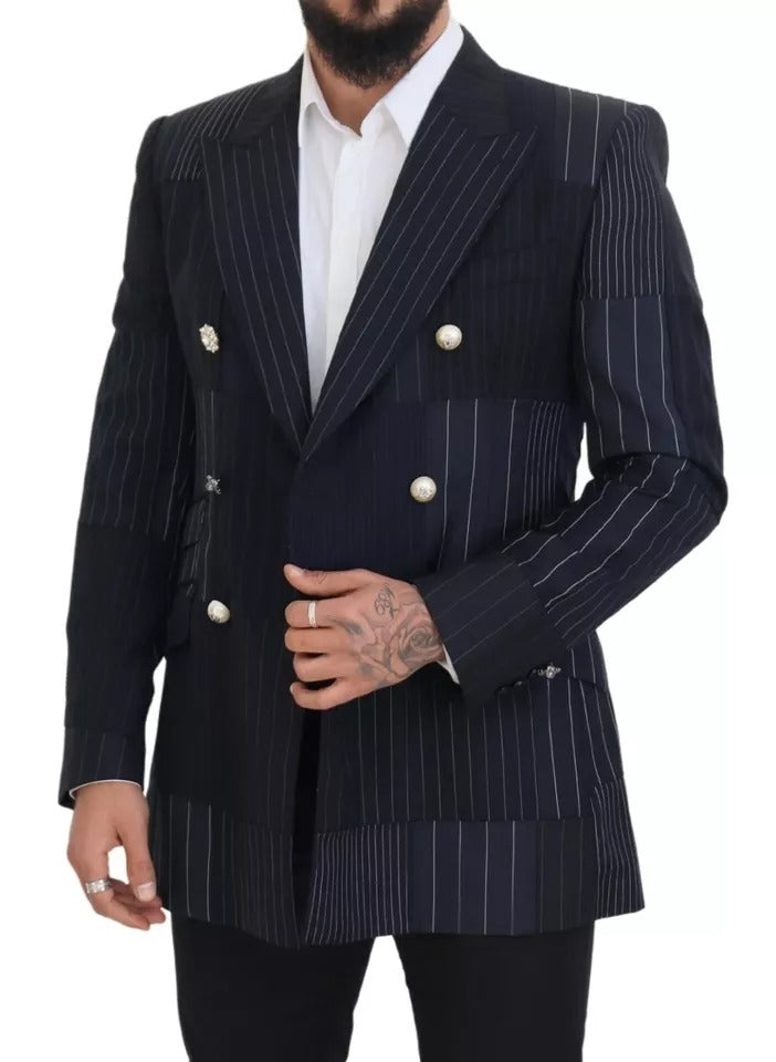 Dolce & Gabbana Blue Wool Patchwork Double Breasted Blazer IT50 / L