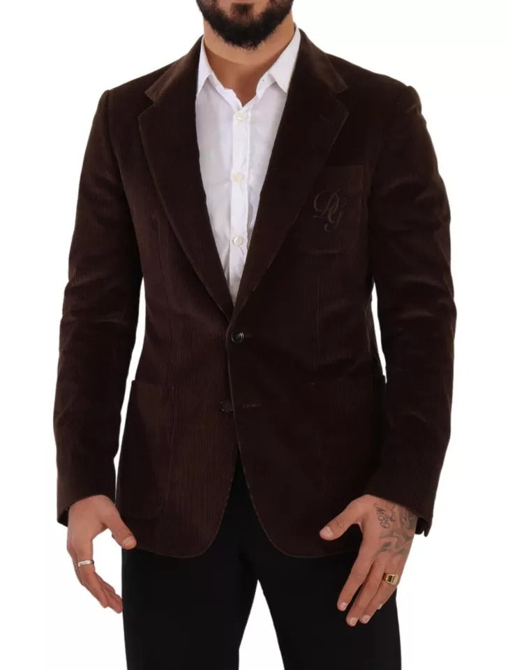 Dolce & Gabbana Brown Corduroy Slim Fit Coat DG Logo Blazer IT50 / L