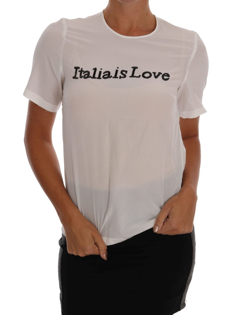 Dolce & Gabbana Silk Sequined 'Italia Is Love' White Blouse IT36 / XS