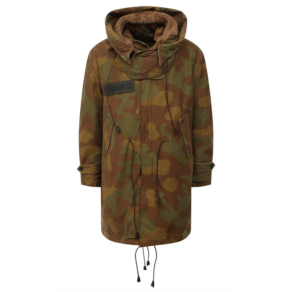 Dsquared² Camo Textured Hooded Parka with Leather Details IT52 | XL