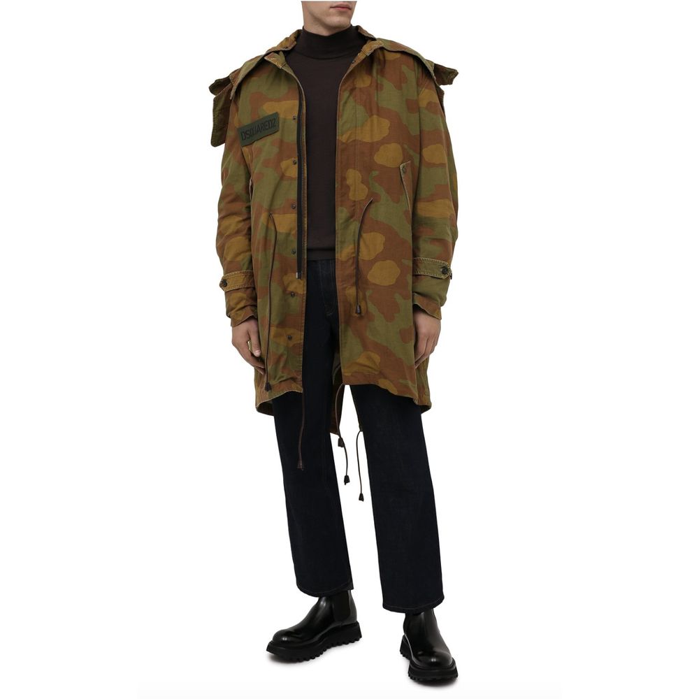 Dsquared² Camo Textured Hooded Parka with Leather Details IT52 | XL