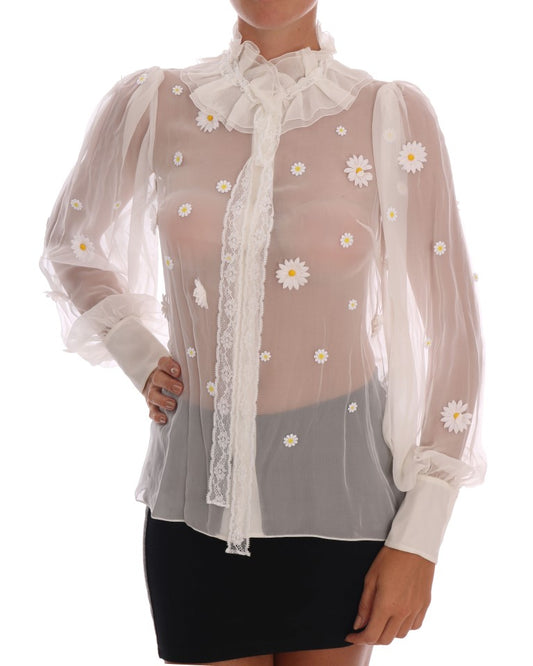 Dolce & Gabbana Elegant White Silk Daisy Blouse IT38 | XS