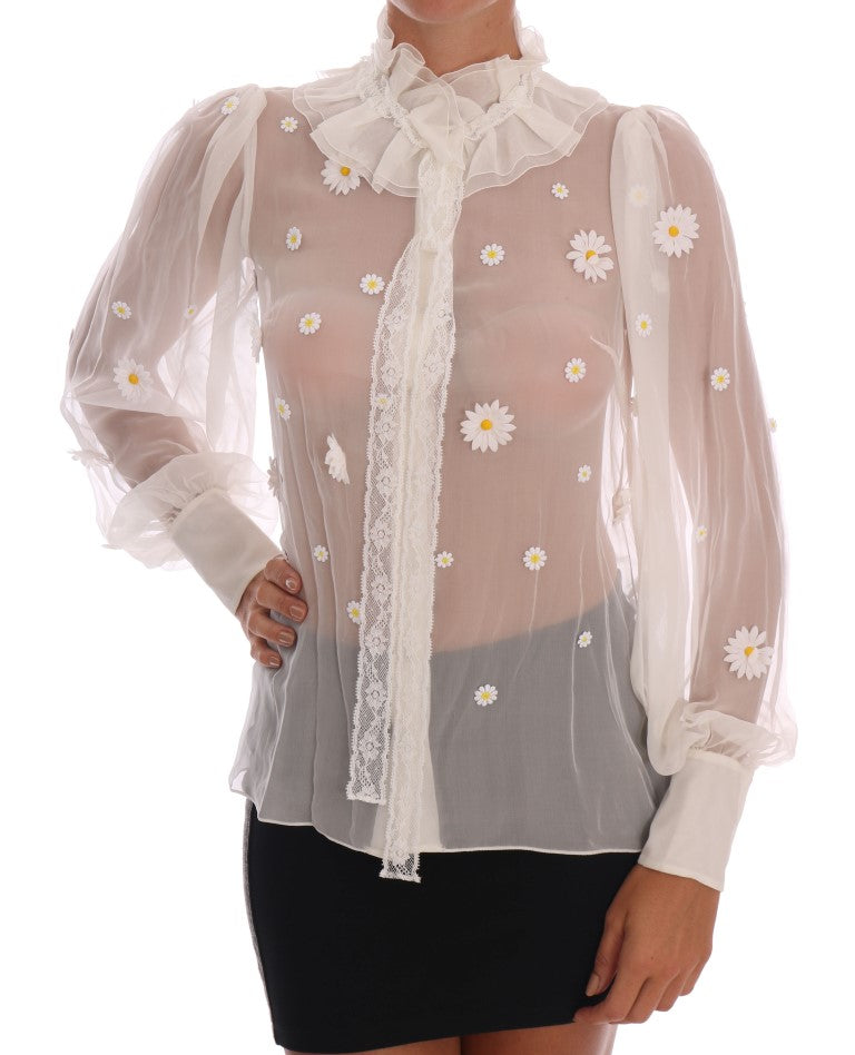 Dolce & Gabbana Elegant White Silk Daisy Blouse IT38 | XS