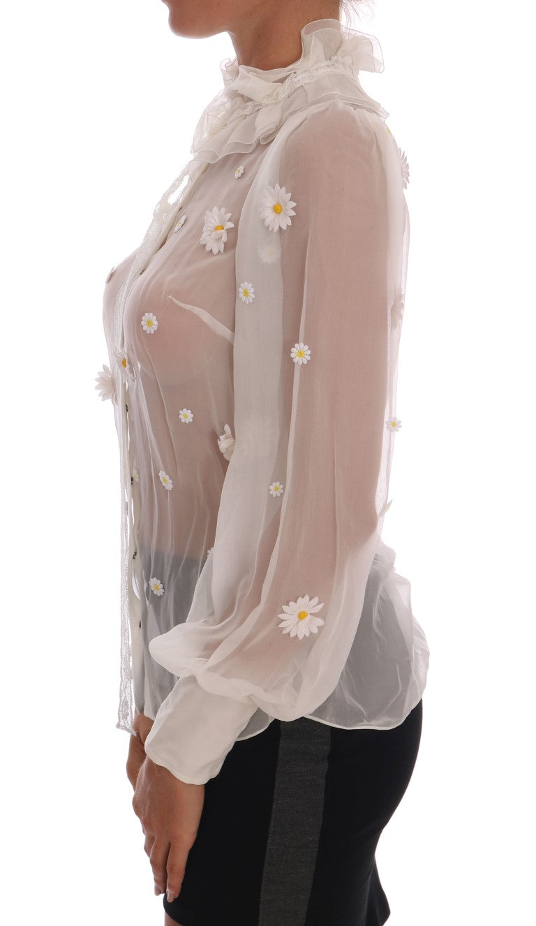 Dolce & Gabbana Elegant White Silk Daisy Blouse IT38 | XS