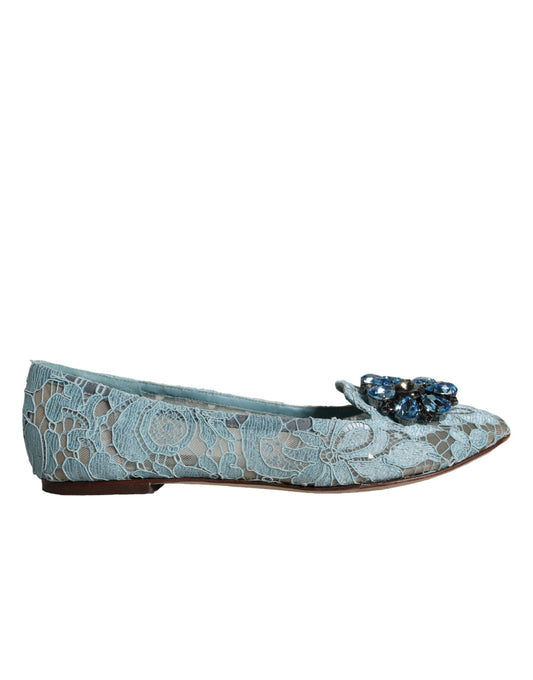 Dolce & Gabbana Blue Lace Crystal Ballet Flats Loafers Shoes EU38.5 / US8