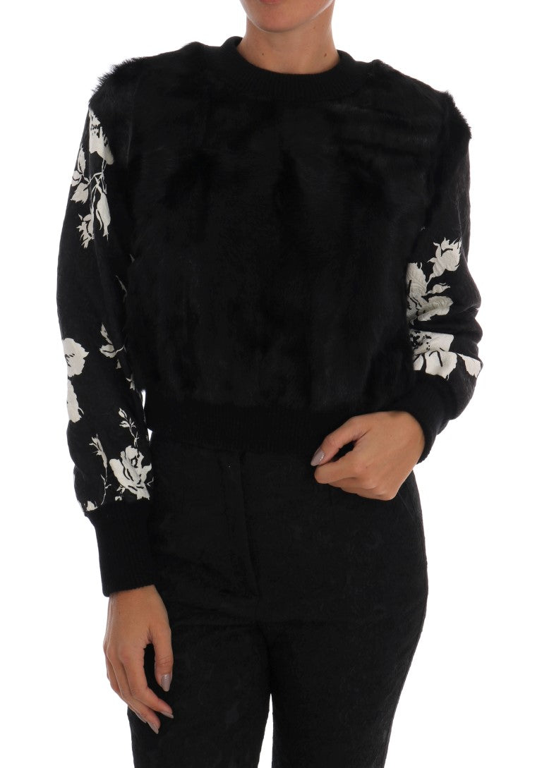 Dolce & Gabbana Floral Brocade Black Fur Sweater IT36 / XS