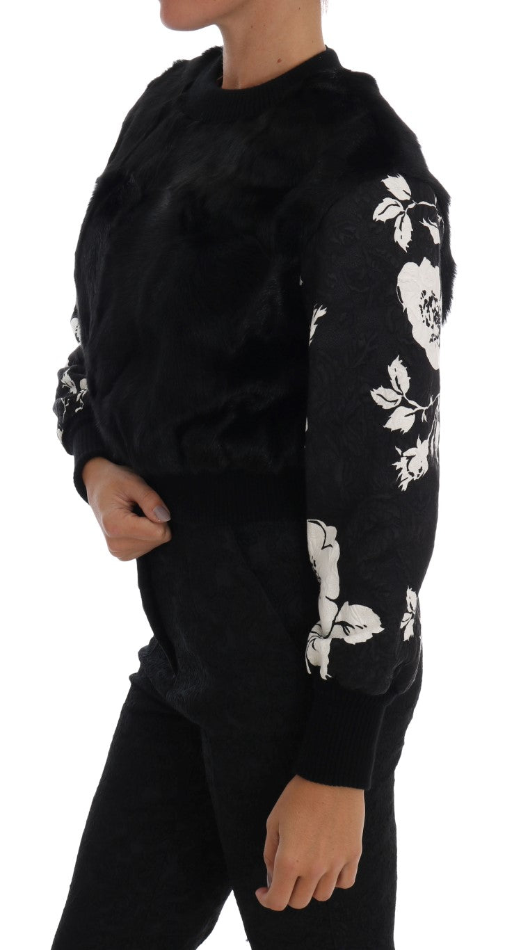 Dolce & Gabbana Floral Brocade Black Fur Sweater IT36 / XS