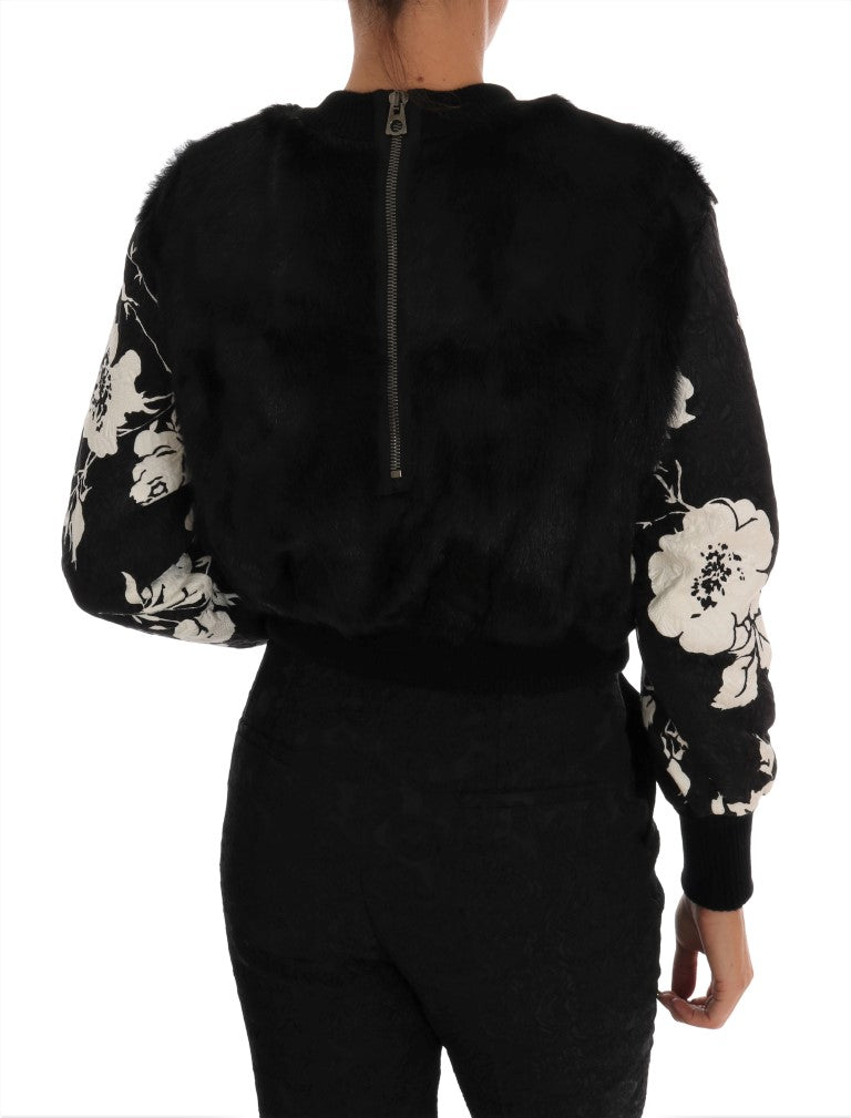 Dolce & Gabbana Floral Brocade Black Fur Sweater IT36 / XS