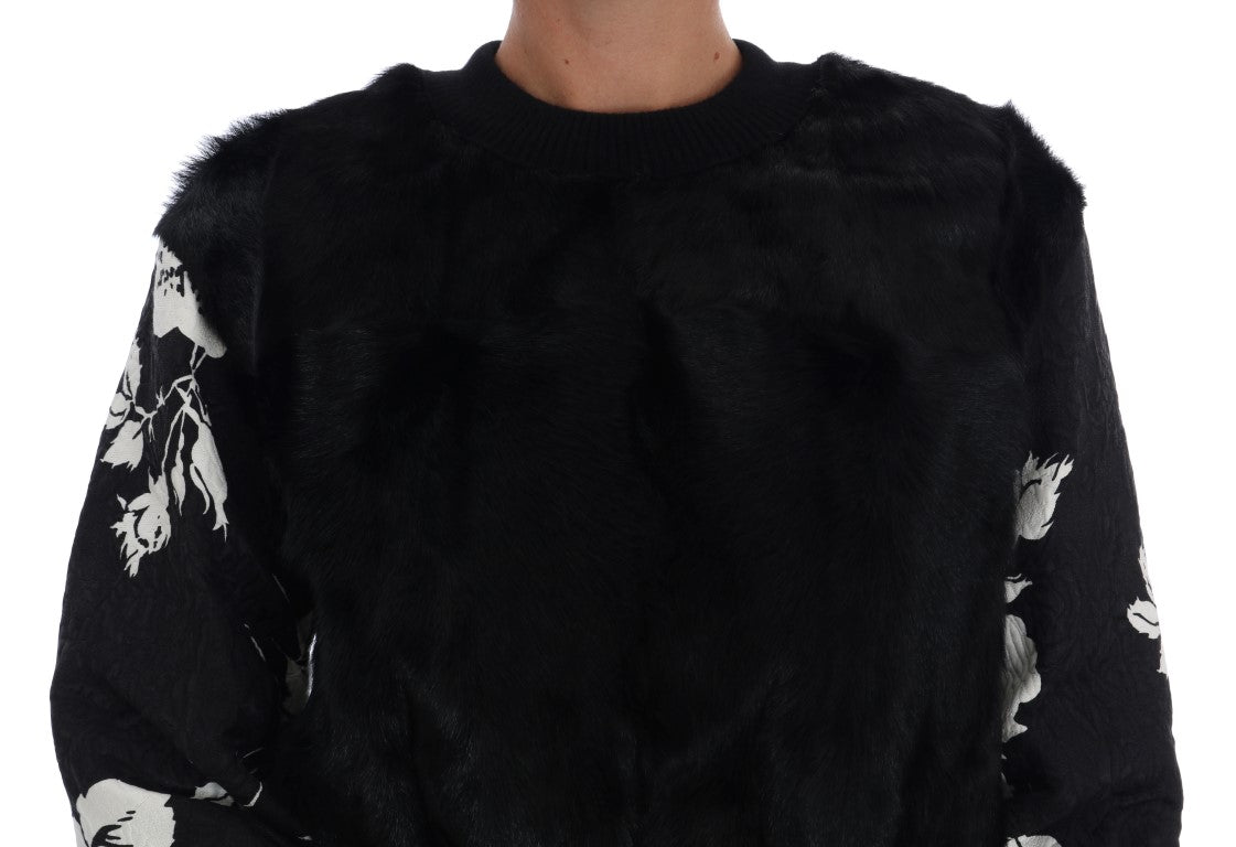 Dolce & Gabbana Floral Brocade Black Fur Sweater IT36 / XS