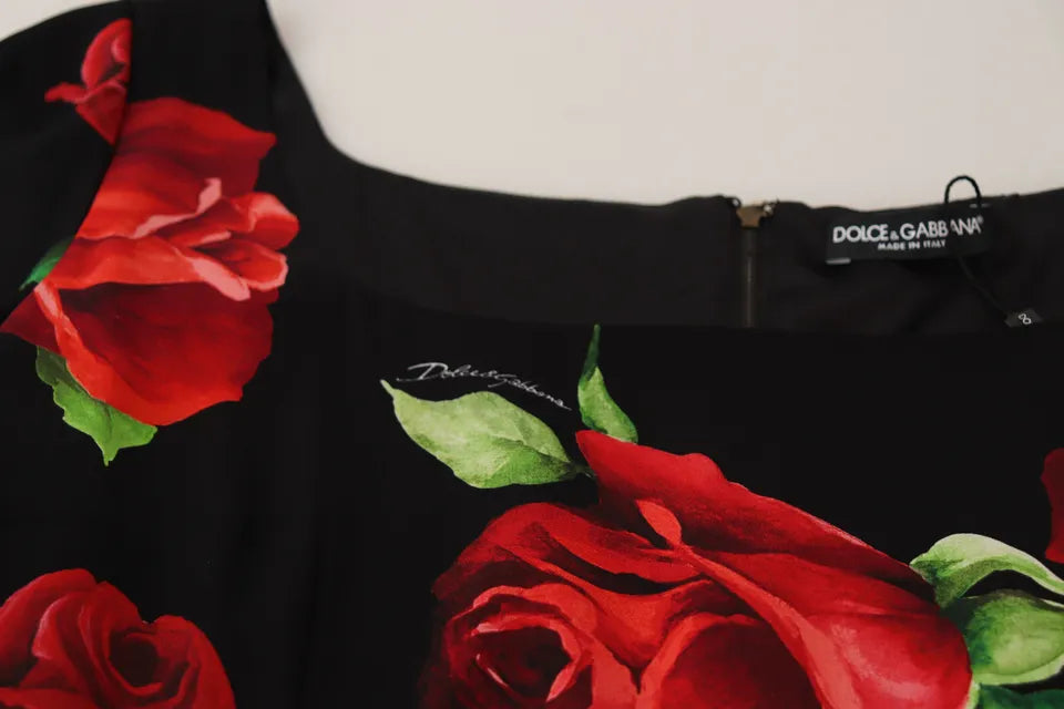 Dolce & Gabbana Black Red Roses Sheath Silk Stretch Dress IT36 / XS