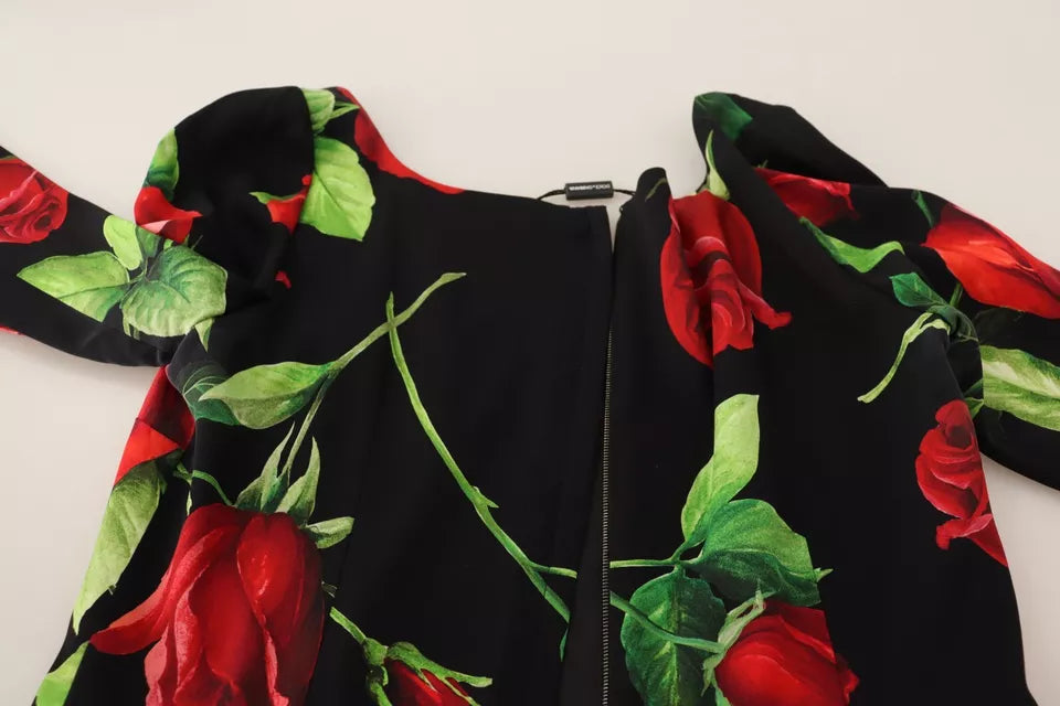 Dolce & Gabbana Black Red Roses Sheath Silk Stretch Dress IT36 / XS