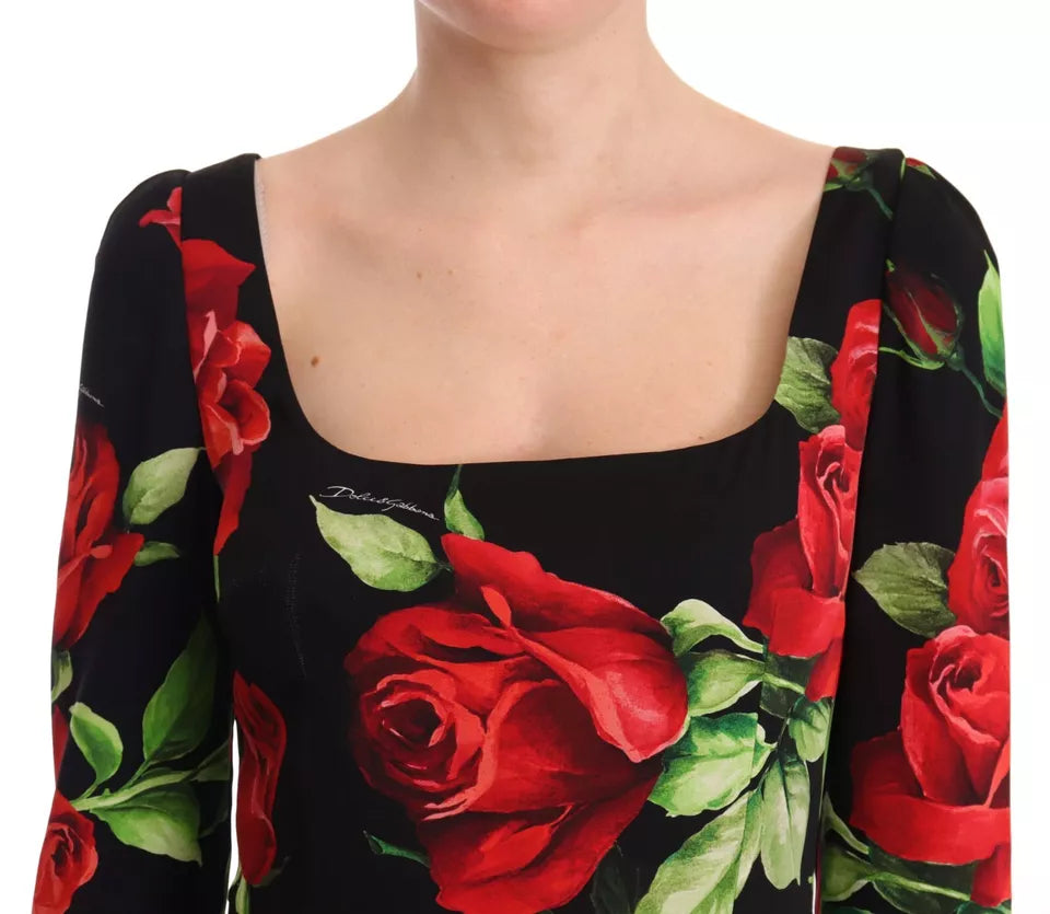 Dolce & Gabbana Black Red Roses Sheath Silk Stretch Dress IT36 / XS