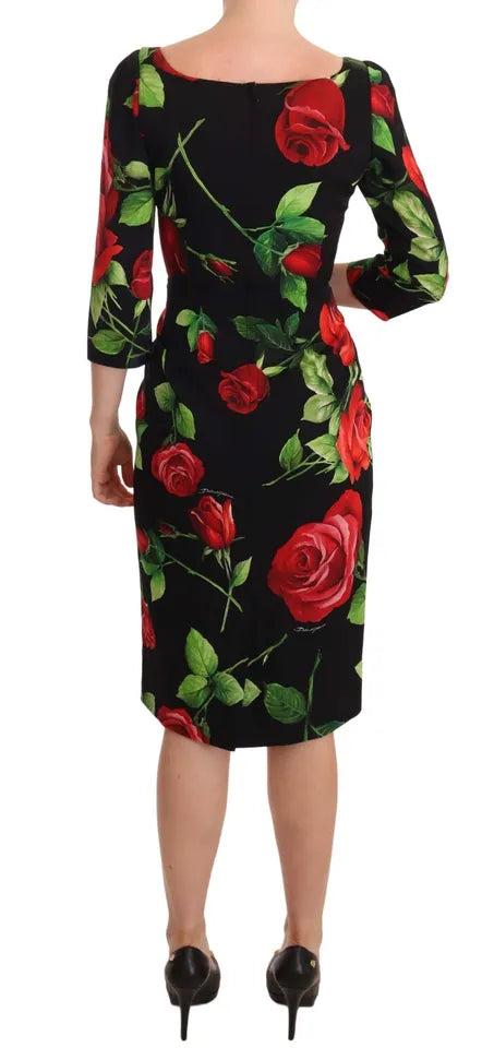 Dolce & Gabbana Black Red Roses Sheath Silk Stretch Dress IT36 / XS