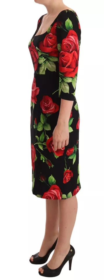 Dolce & Gabbana Black Red Roses Sheath Silk Stretch Dress IT36 / XS