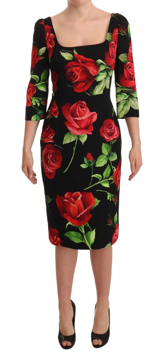 Dolce & Gabbana Black Red Roses Sheath Silk Stretch Dress IT36 / XS