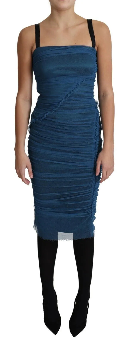 Dolce & Gabbana Blue Draped Tulle Midi Sheath Cotton Dress IT36 / XXS