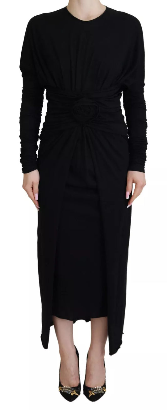 Dolce & Gabbana Black Sheath Midi Gown Wool Wrap Dress IT42 / M