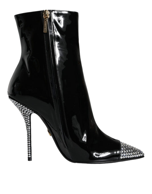 Dolce & Gabbana Black Patent Leather Crystal Heel Boots Shoes EU39 / US8.5