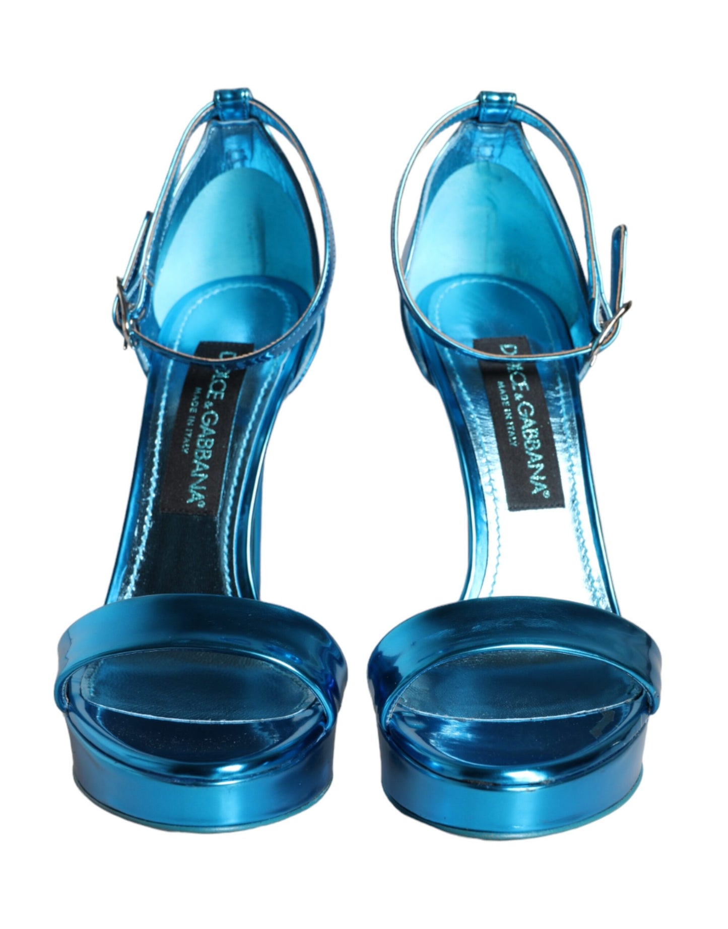 Dolce & Gabbana Metallic Blue Leather Keira Sandals Shoes EU38 / US7.5